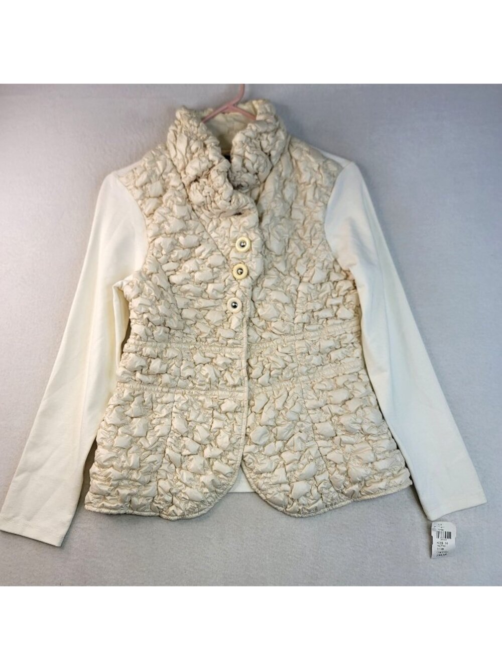 Robert Kitchen Quilted Puffer Jacket M Cream Textured Preppy Layers Fall Casual